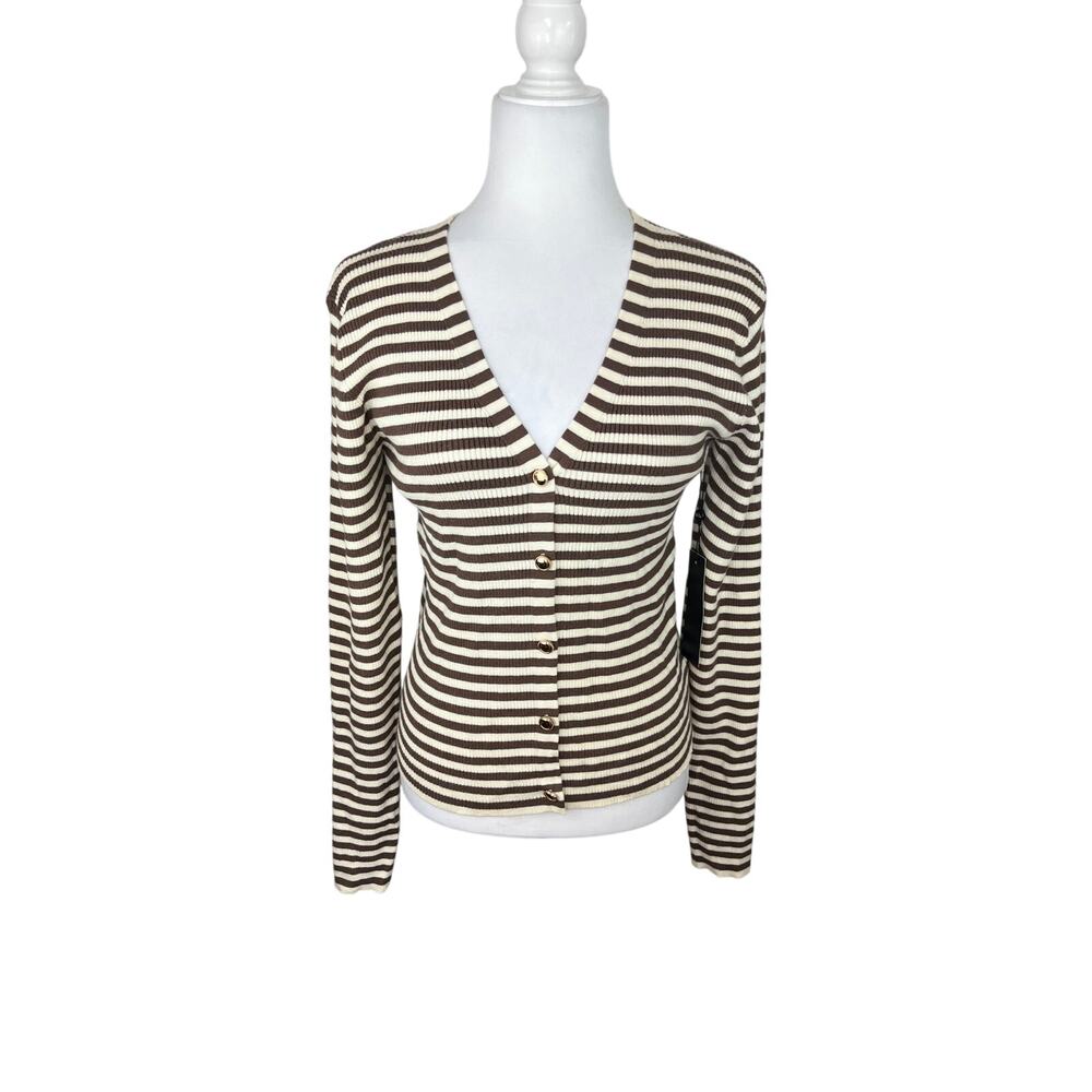 Emerson Lang Young Contemporary Brown Cream Stripped Knit button Cardigan NWT